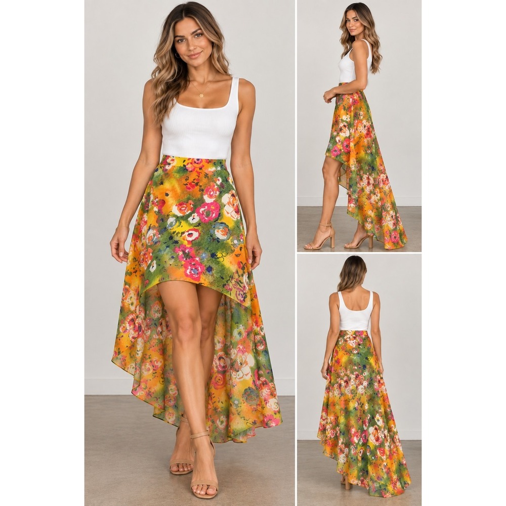 Van Leve France Floral Maxi Skirt High Low Layered Orange Pink Green Size 2